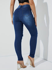 High Waist Ripped Skinny Jeans Whiskering Stretchy High Rise