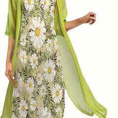 Solid Open Front Top & Floral Print Dress Set