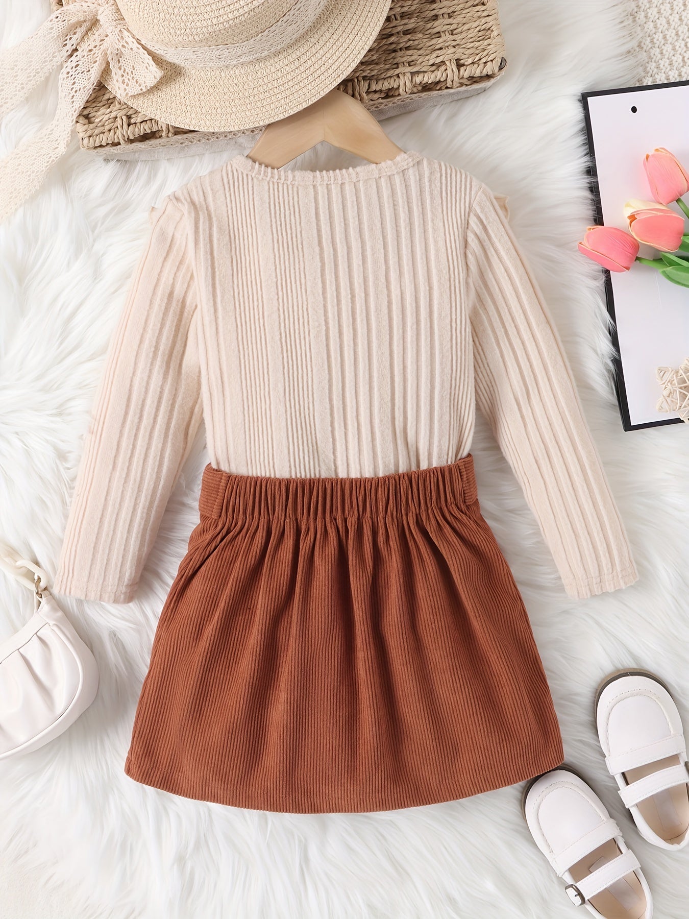 Girl's Ruffled Long Sleeve Top & Corduroy Skirt Set Casual Outfits Kids Clothes