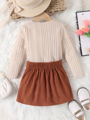 Girl's Ruffled Long Sleeve Top & Corduroy Skirt Set Casual Outfits Kids Clothes