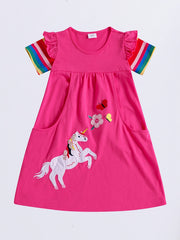 Girls Cartoon Dress Rainbow Strips Unicorn Flower Butterfly Embroidery