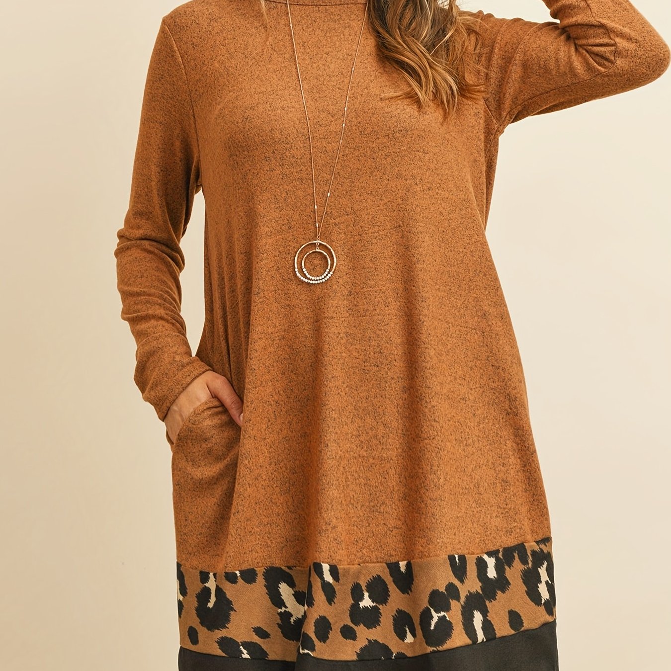 Leopard Print Splicing Dress Long Sleeve Mini Dress Women's Clothing