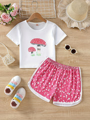 Girls Mushroom Pattern T-shirt & Polka Dot Shorts Set