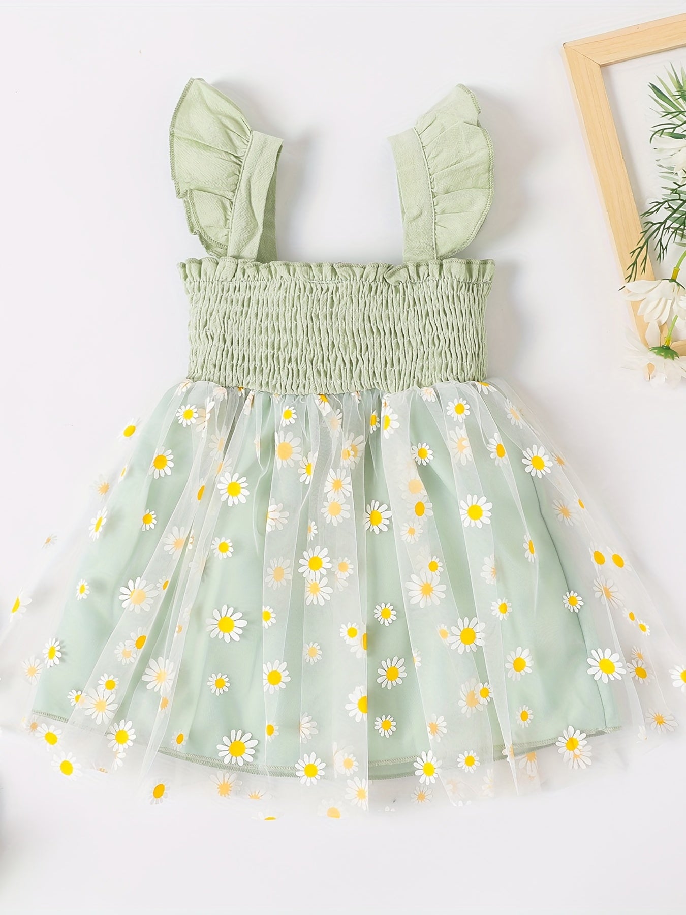 Girl's Chrysanthemum Graphic Gauze Dress With Suspenders Tunic Puffy Dress