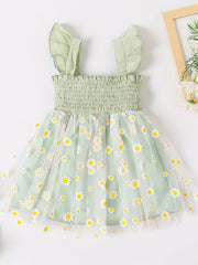 Girl's Chrysanthemum Graphic Gauze Dress With Suspenders Tunic Puffy Dress