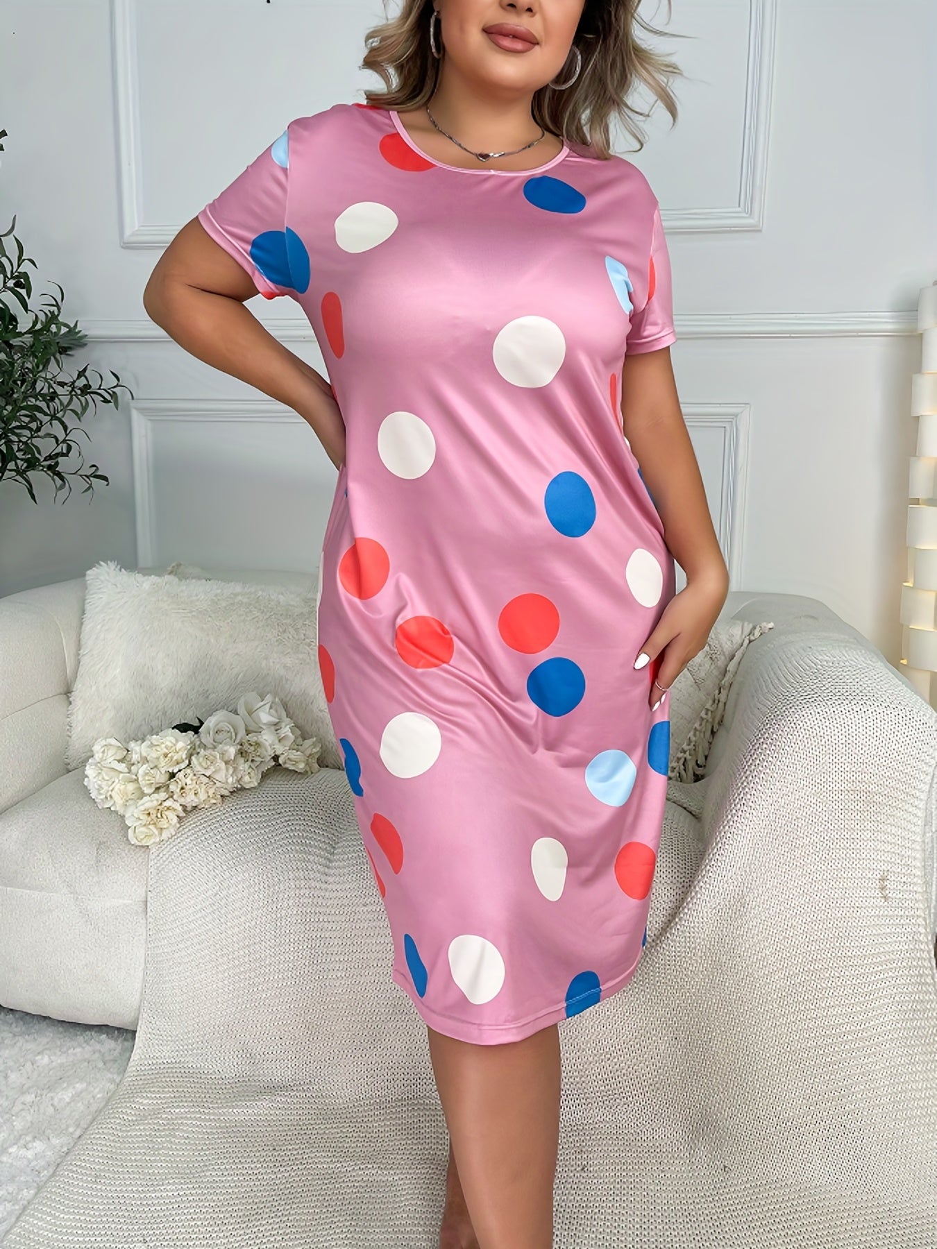 Dot Print Crew Neck Short Sleeve Nightgown