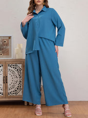 Ribbed Long Sleeve Polo Neck Blouse & Wide Leg Pants Set