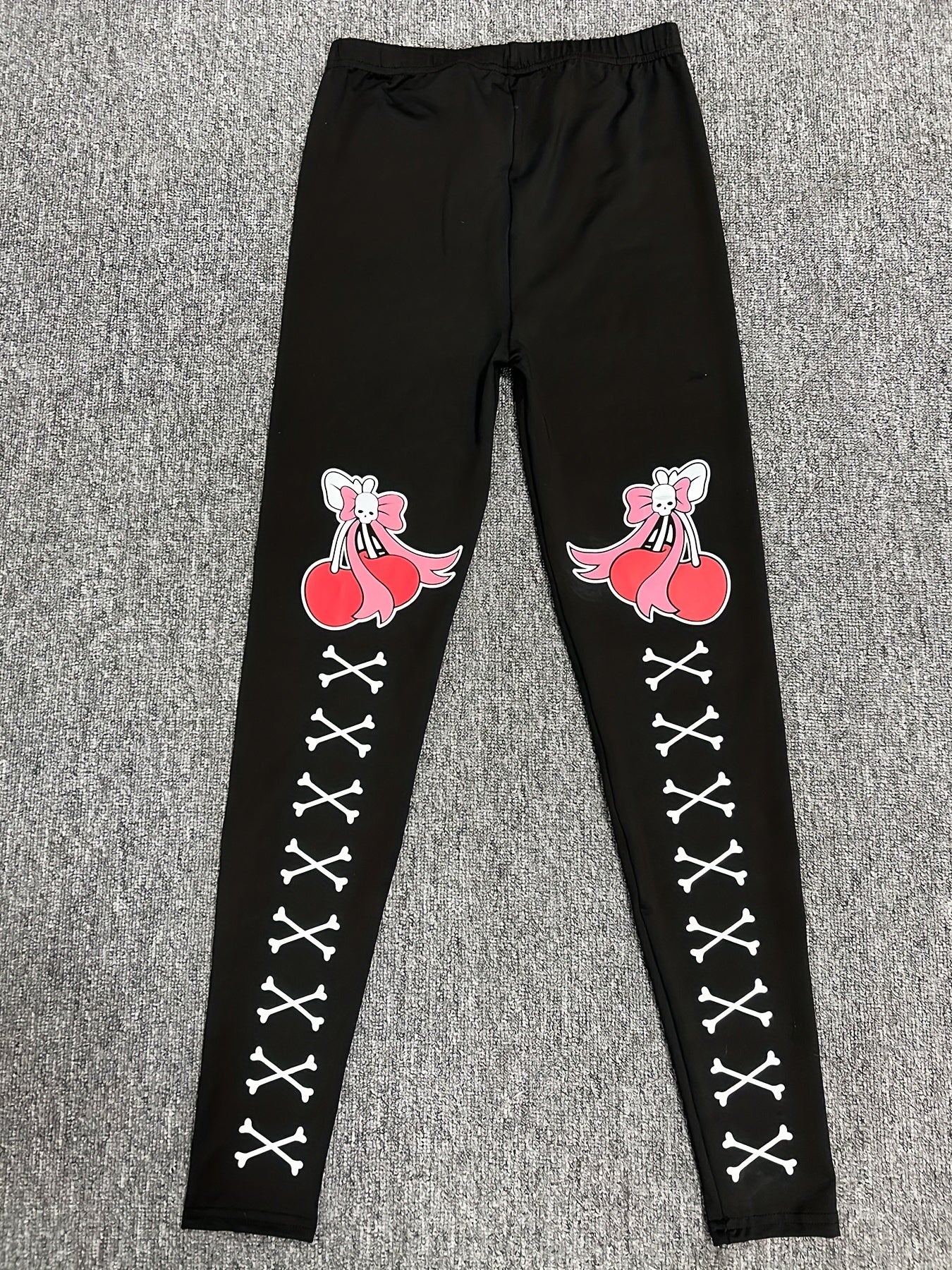Cherry & Skull Print Skinny Leggings Casual Stretchy Leggings