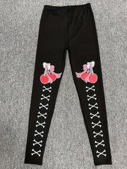 Cherry & Skull Print Skinny Leggings Casual Stretchy Leggings