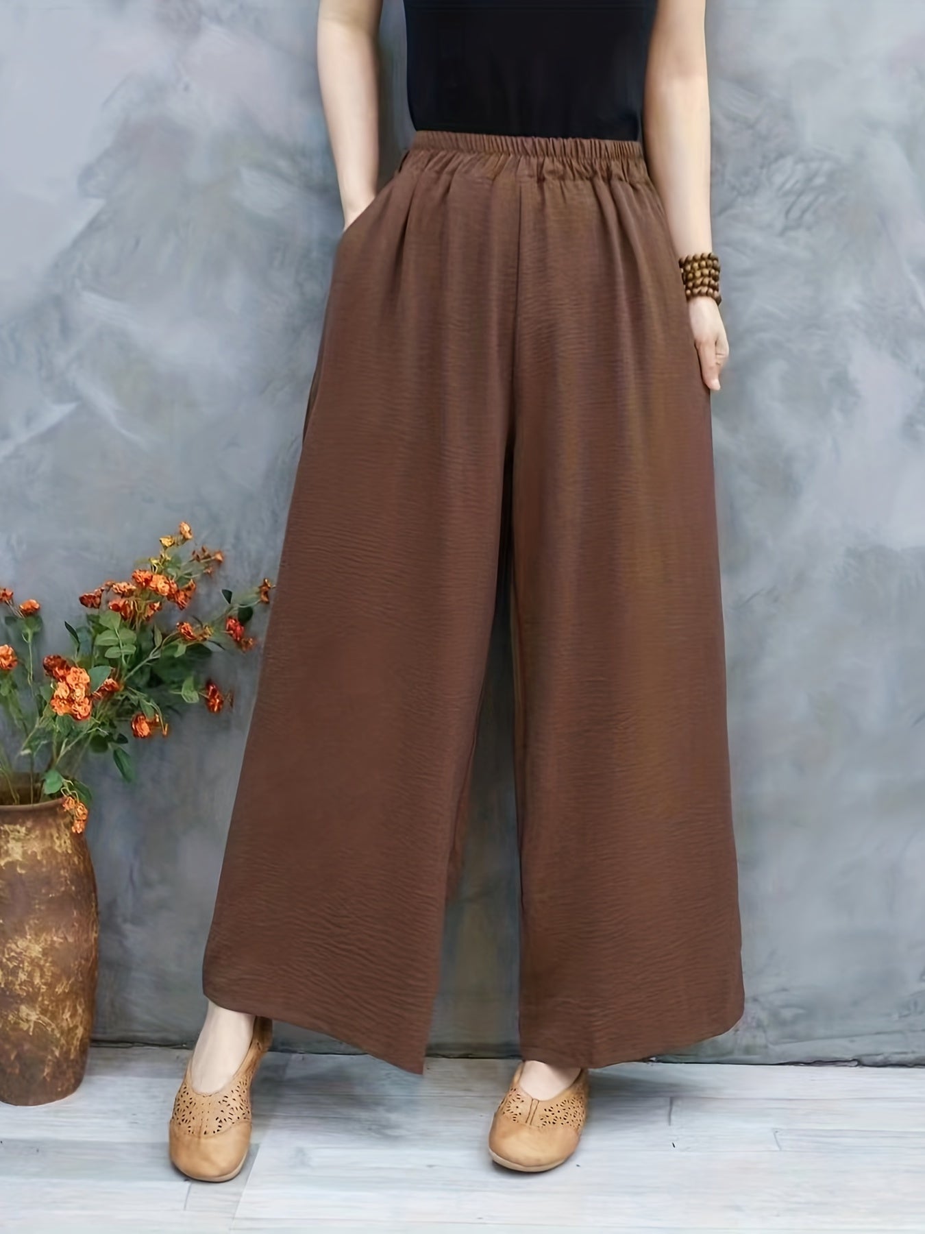 Solid Elastic Waist Wide Leg Pants Casual Pocket Pants