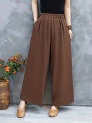 Solid Elastic Waist Wide Leg Pants Casual Pocket Pants