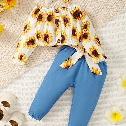 Baby Girls Sunflower Print Outfit Long Sleeve Crop Top Faux Denim Pants Set