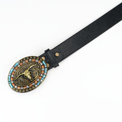 Antique Bull Head Men's Belt with Oval Buckle