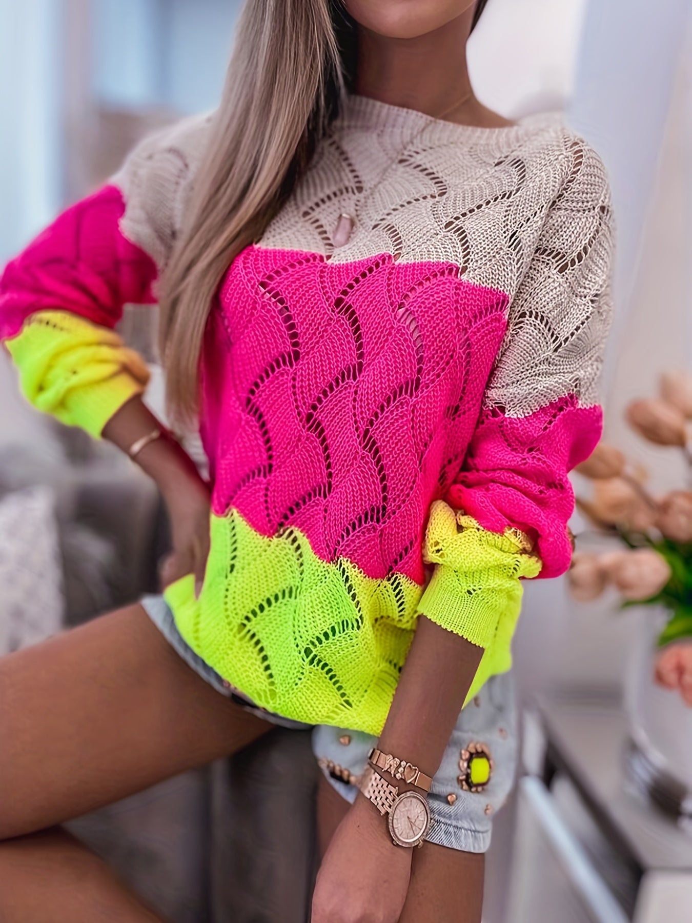 Block Crew Neck Sweater Long Sleeve for Spring & Fall
