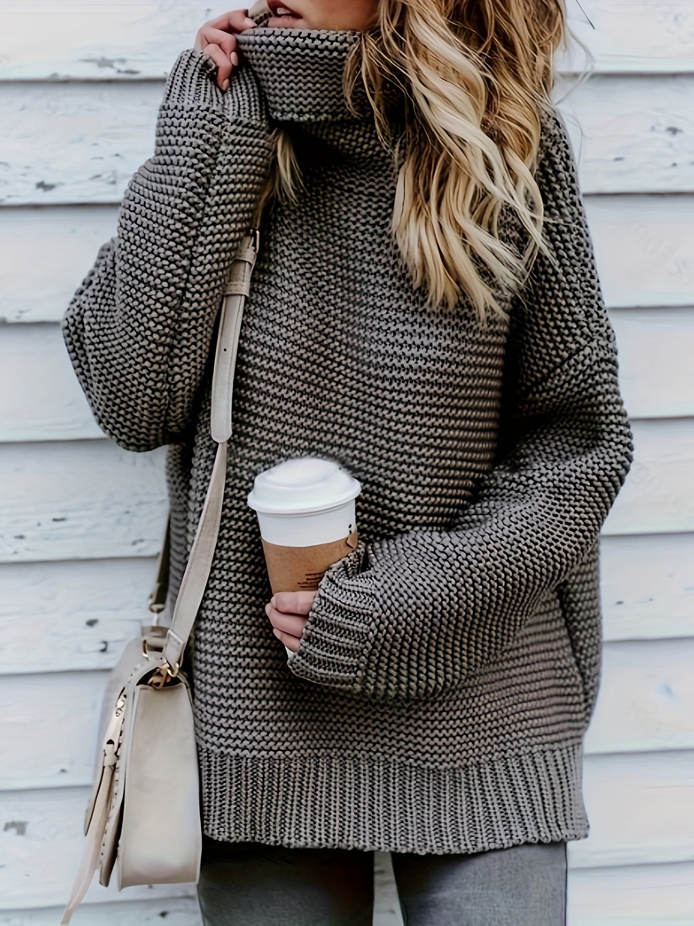 Solid Turtleneck Sweater Long Sleeve Chunky Knit Jumper