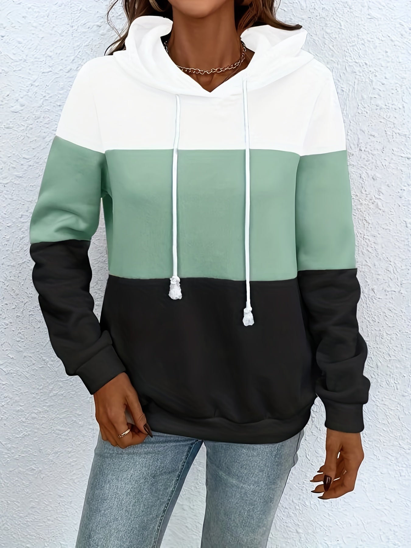 Drawstring Block Hoodies Casual Long Sleeve Sweatshirt