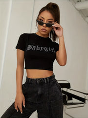 Rhinestone Letter Crop Tee Y2K Crew Neck Women's Clothing