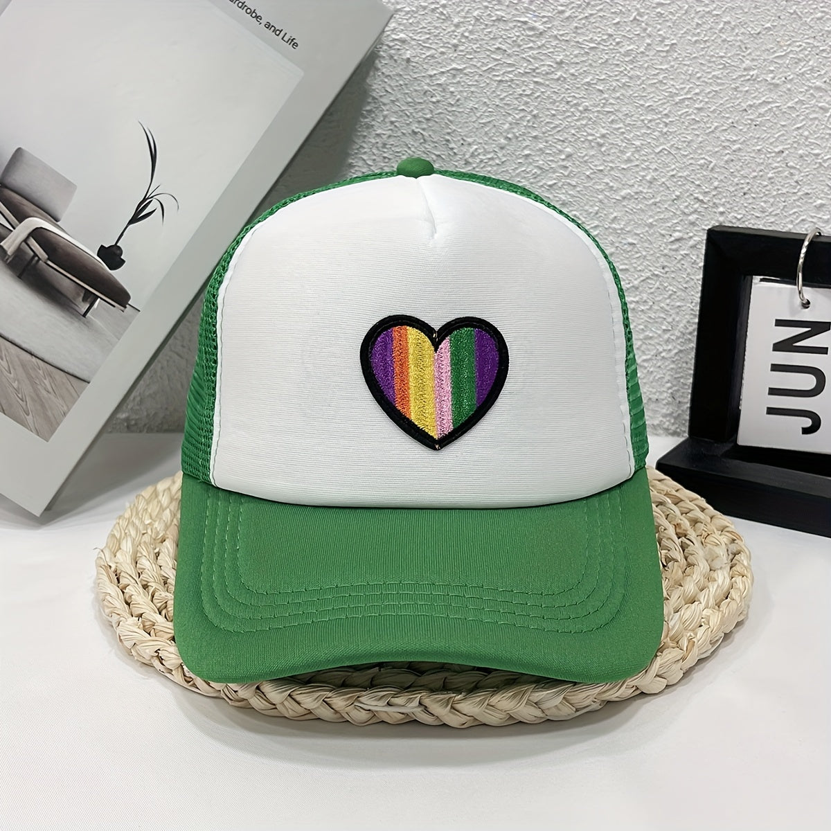 Striped Heart Embroidered Baseball Cap Trucker Hat Mesh Sun Hats Women