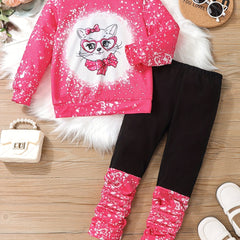 Girl's Cat Pattern 2pcs Sweatshirt & Pants Set Casual Outfits For Spring Fall