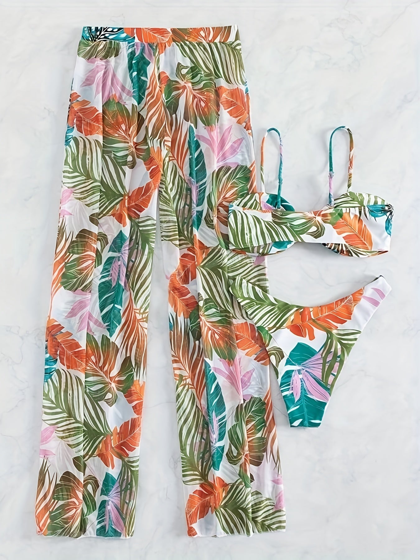 Leaf Print Spaghetti Strap 3 Piece Swimsuit & Cover Up Pants