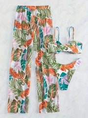 Leaf Print Spaghetti Strap 3 Piece Swimsuit & Cover Up Pants