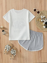 Girls Sloth Print Two Piece Set Short Sleeve T shirt & Sports Shorts