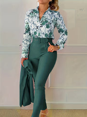 Floral Print V Neck Blouse & Tapered Pants Set