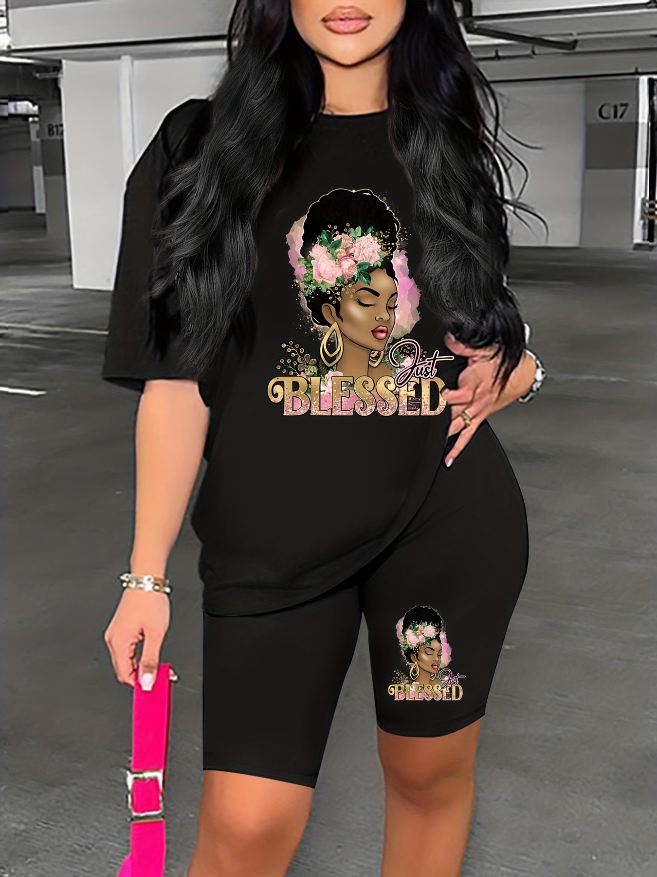 Flower Print Colorblock Lounge Set Short Sleeve Top & Cozy Shorts