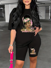 Flower Print Colorblock Lounge Set Short Sleeve Top & Cozy Shorts