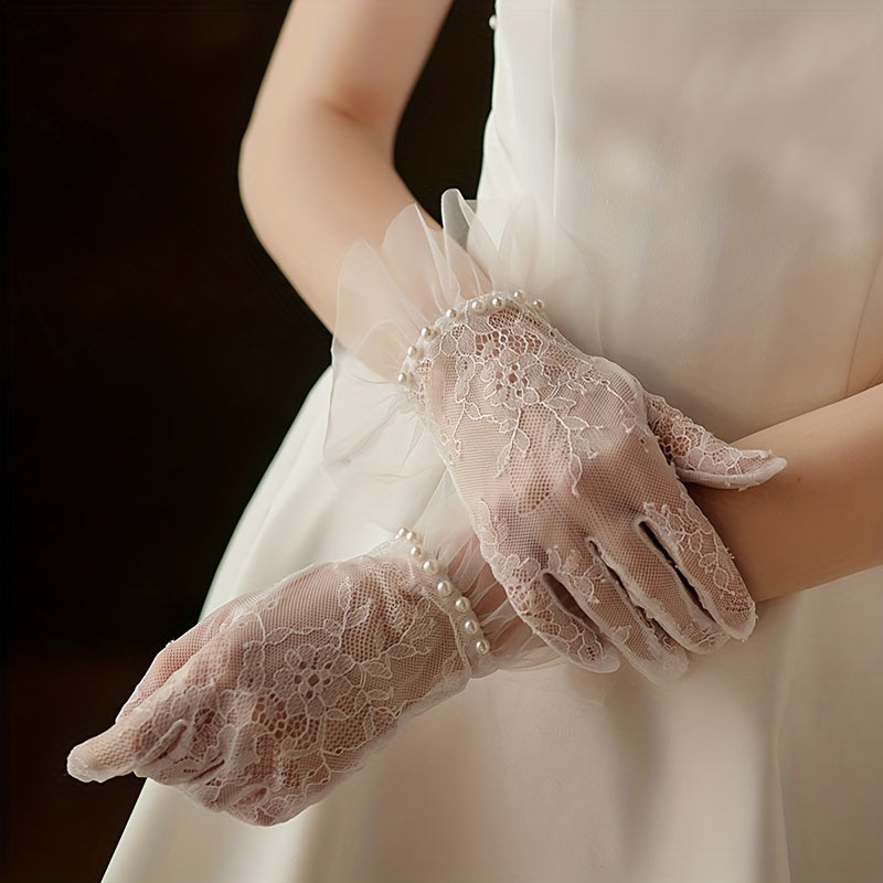 Lace Floral Short Gloves with Faux Pearl Inlay for Women