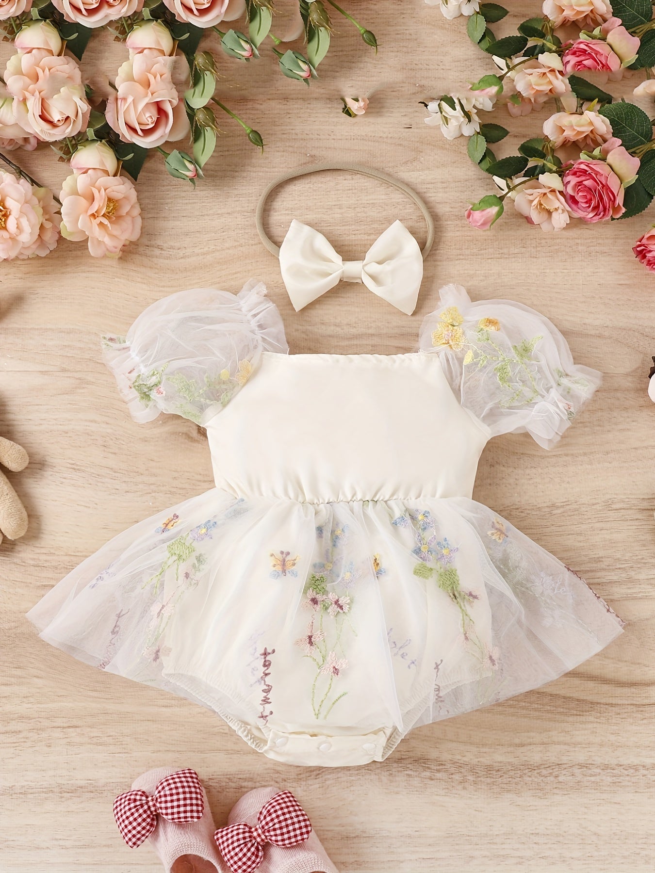 Baby Girls Floral Embroidery Mesh Onesie Dress & Headband Set