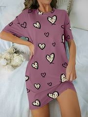 Heart Print NightDress Short Sleeve Crew Neck Pajama Dress Women