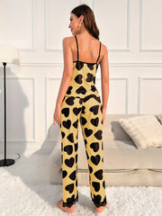 Heart Print Pajama Set Lace Trim V Neck Cami Top & Pants Sleepwear