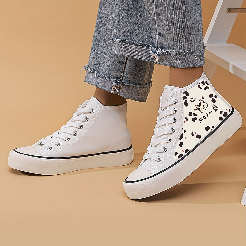 Cow Print Chunky Canvas Sneakers High Top Skate Shoes