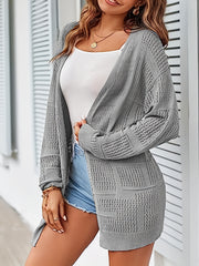 Eyelet Solid Knit Cardigan Open-Front Long Sleeve Sweater