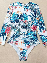 Tropical Print Slim Bodysuit Long Sleeve Women's Clothing