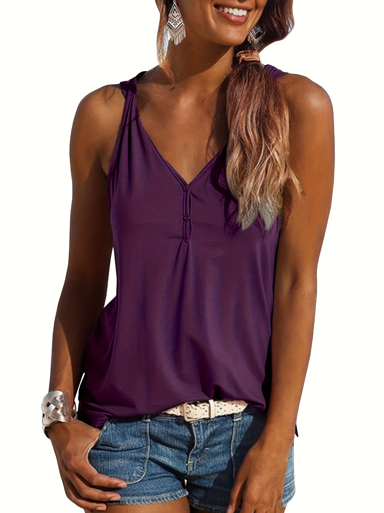 Summer Button Tank Top Crew Neck Sleeveless Loose Fit Tank Top