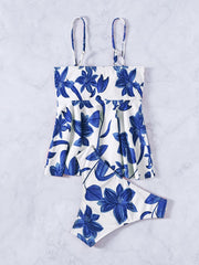 Floral Print Bow Tie Tankini Set Spaghetti Strap Ruffle Cami Top & Swim Briefs