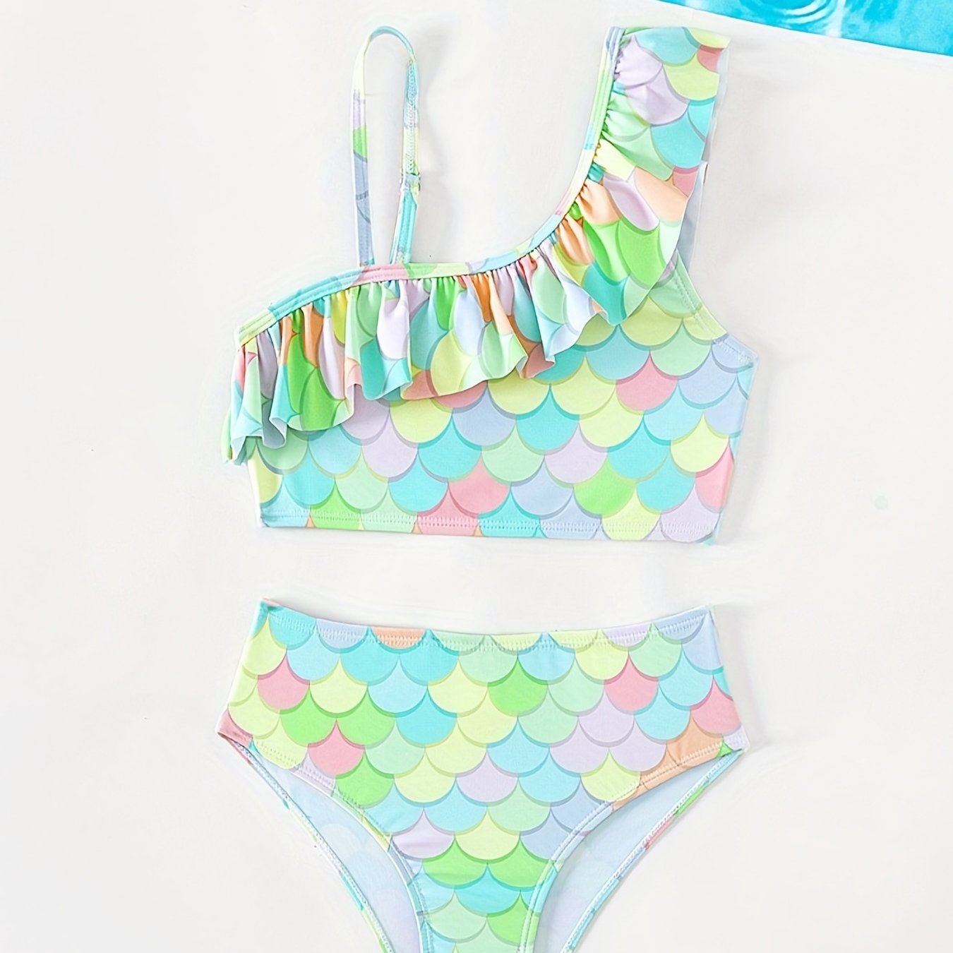 Girl's Mermaid Fish Scale Swimsuit Bikini Set Ruffle Decor Cami Top & Briefs