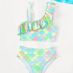 Girl's Mermaid Fish Scale Swimsuit Bikini Set Ruffle Decor Cami Top & Briefs