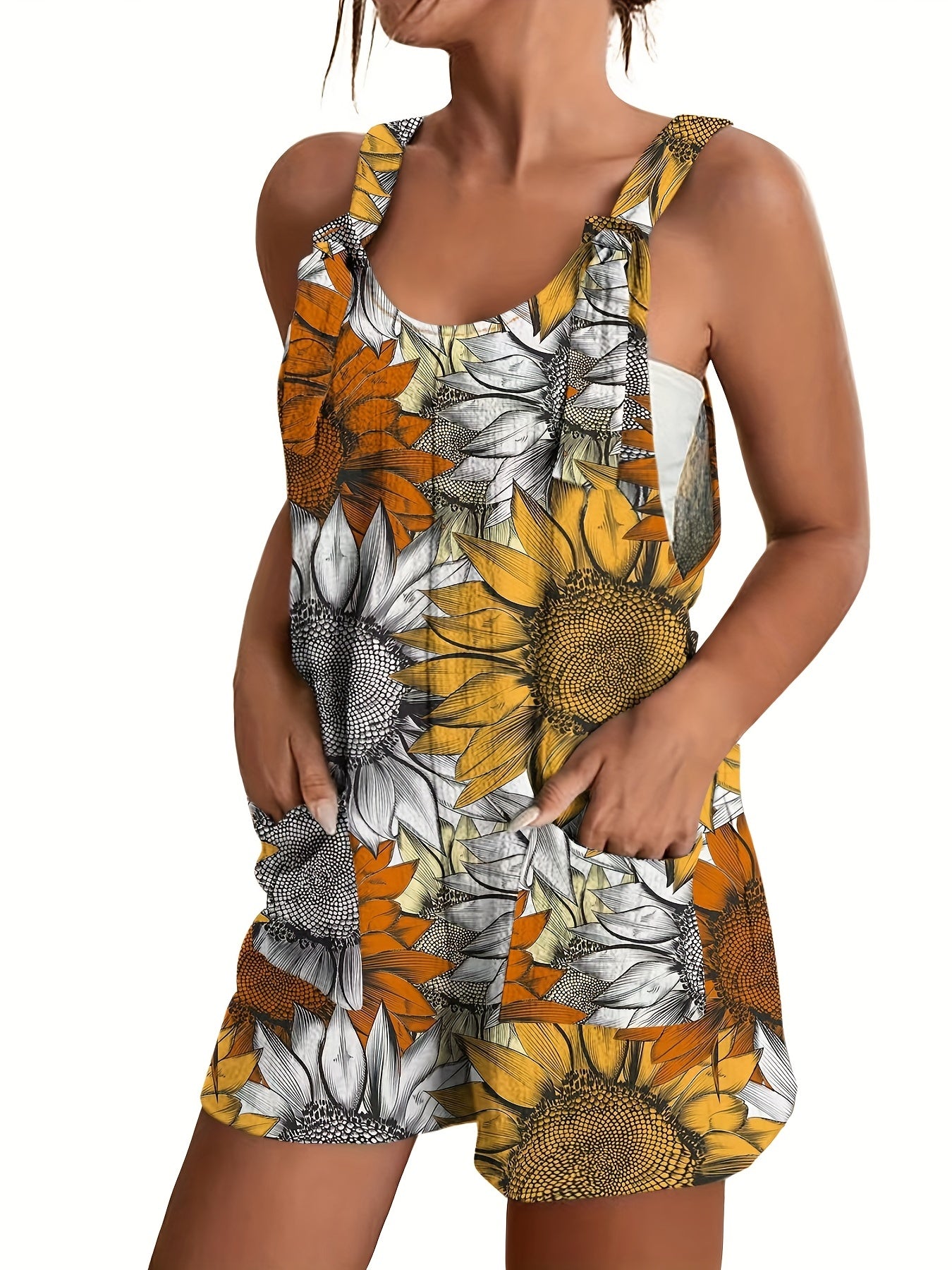Sunflower Print Tie Front Tank Jumpsuit