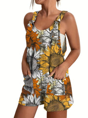 Sunflower Print Tie Front Tank Jumpsuit