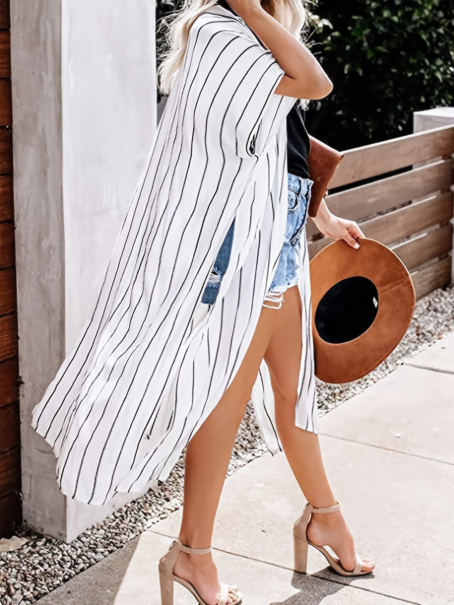 Striped Sheer Blouse Kimono V Neck Cover Up Short Sleeve Beachwear