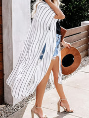 Striped Sheer Blouse Kimono V Neck Cover Up Short Sleeve Beachwear