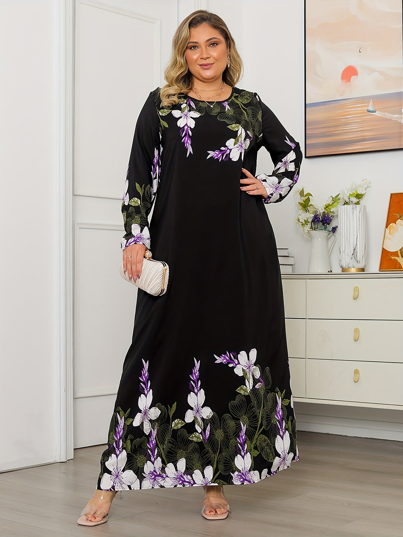 Floral Print Long Sleeve Round Neck Maxi Dress