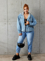 Colorblock Hooded Drawstring Denim Jacket