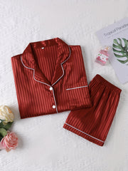 Striped Satin Pajamas Set Short Sleeve Buttons Top & Shorts