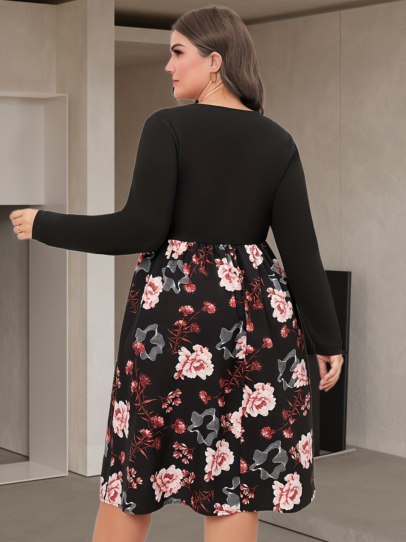 Colorblock Floral Long Sleeve Dress