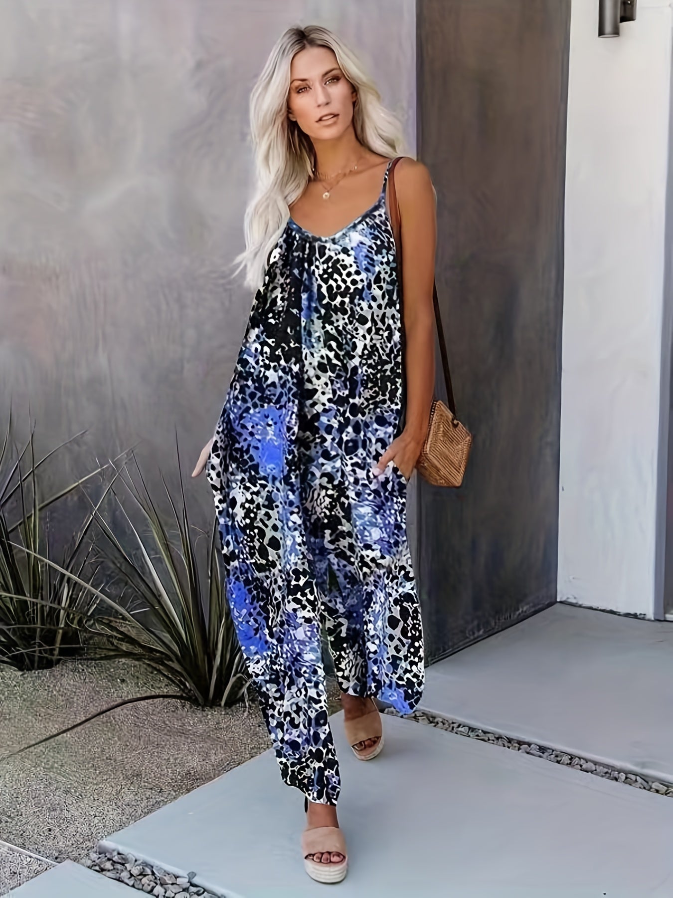 Leopard Print V Neck Cami Jumpsuit
