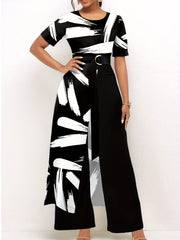 Brush Print Wide Leg Jumpsuit Short Sleeve Jumpsuit